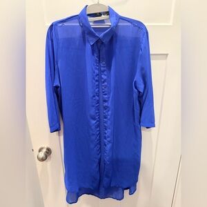 Creation Sheer Blue Button Front Tunic Blouse Longline Shirt 3/4 Sleeve medium